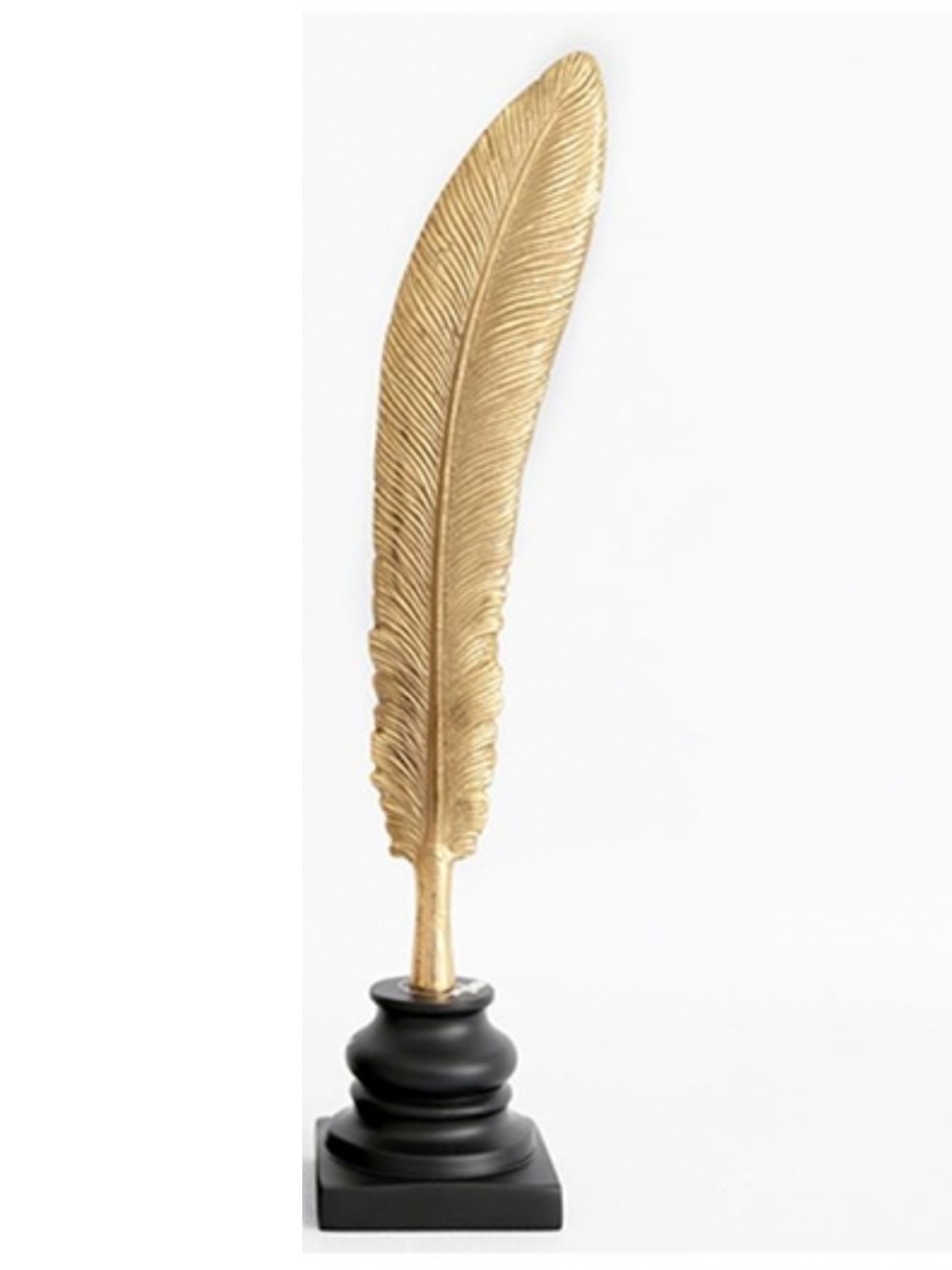 Gold feather on a wooden base