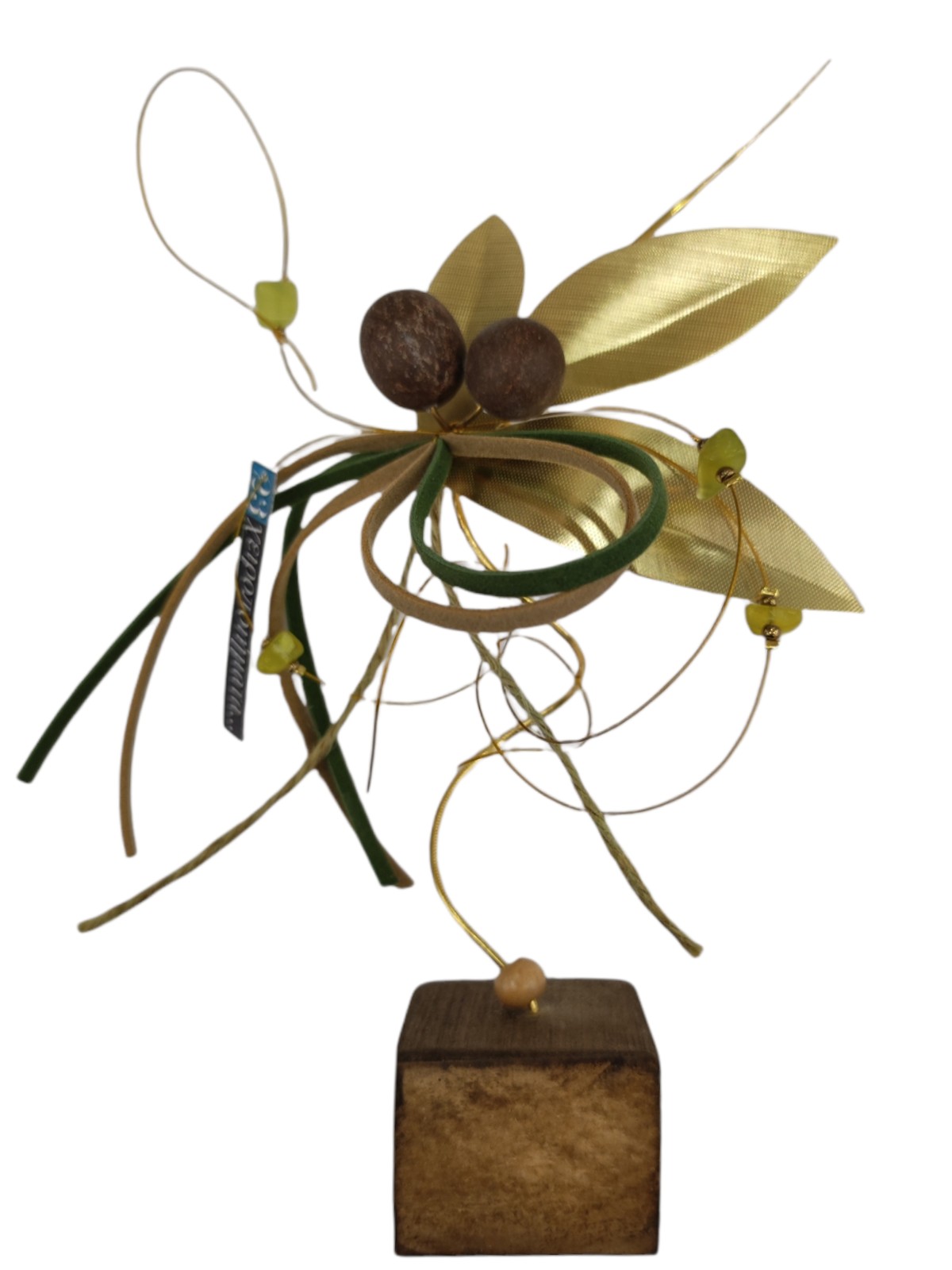 Bronze decorative olive branch on a wooden base