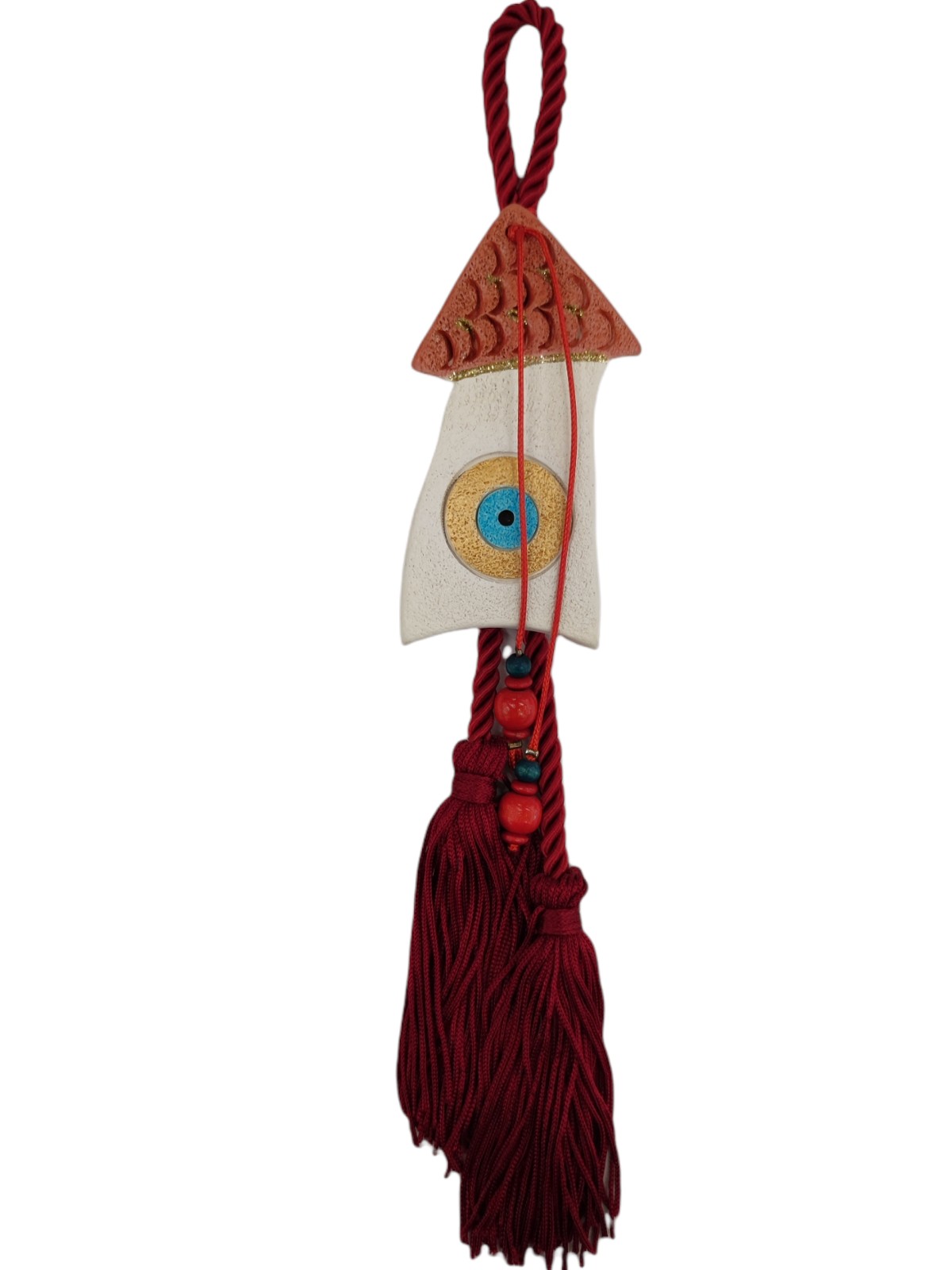 Ceramic house with evil eye on cord with tassels