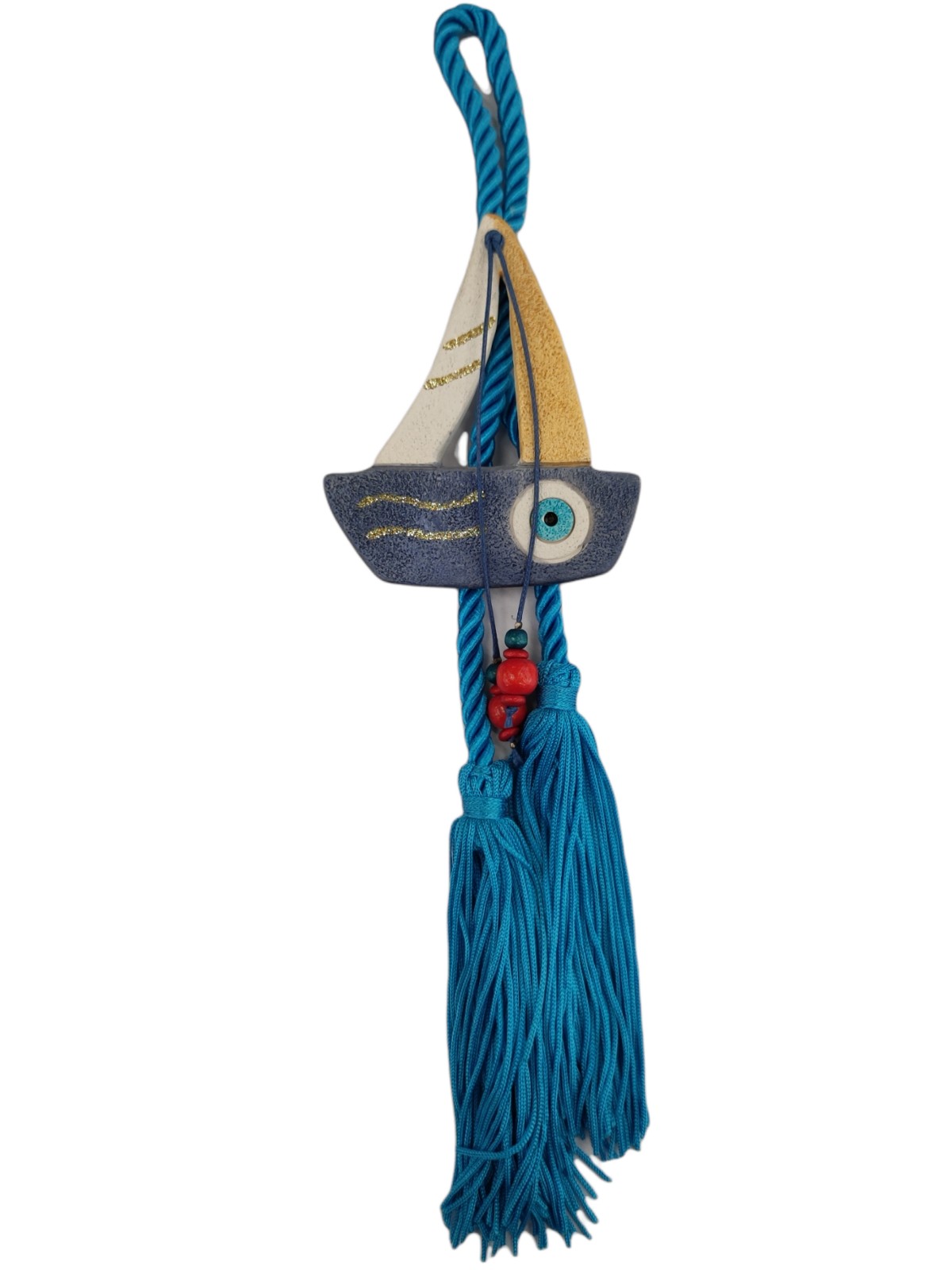 Ceramic boat with evil eye on cord with tassels