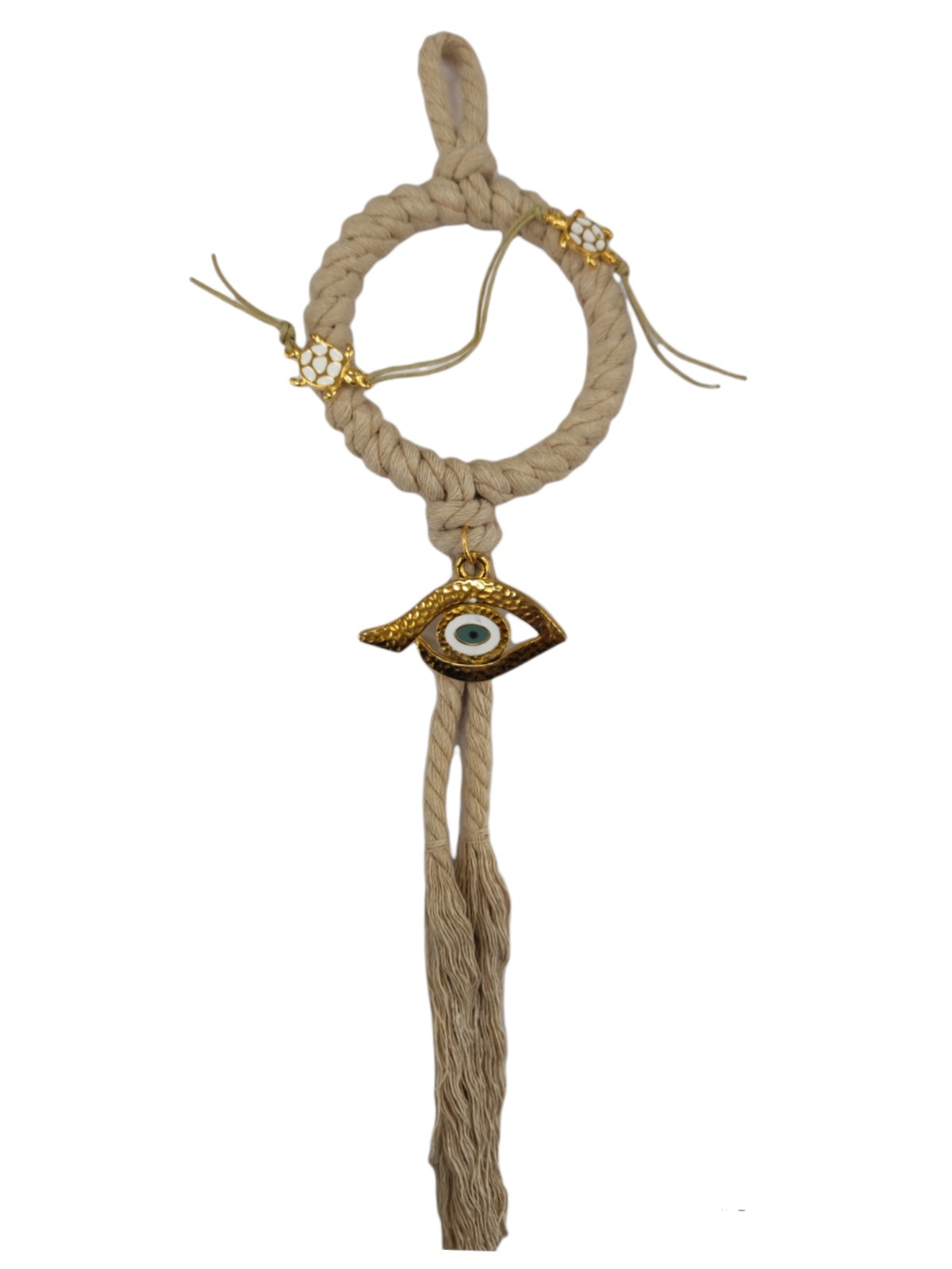 Hanging charm with cord and gold evil eye