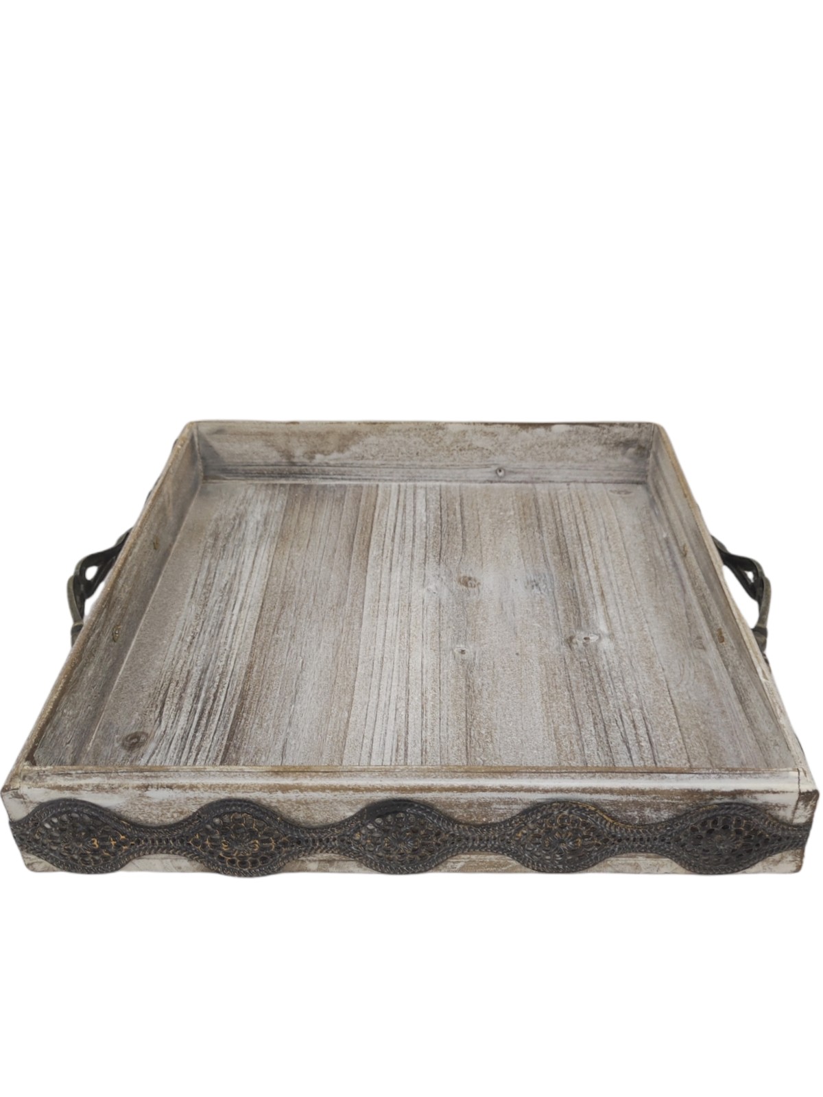 Square wooden tray with metal carving